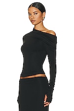 Helsa Matte Jersey Drape Shoulder Top in Black, view 3, click to view large image.