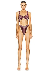 Hunza G Bonnie Bikini Set in Wine & White Stripe, view 1, click to view large image.