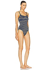 Hunza G Pamela One Piece Swimsuit in Navy & White Stripe, view 2, click to view large image.