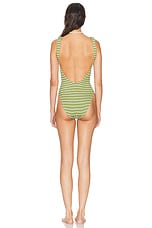 Hunza G Square Neck One Piece Swimsuit in Metallic Moss & White Stripe, view 3, click to view large image.