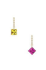 ILENE JOY x Elizabeth Sulcer for FWRD Airlie Huggie Earrings in Pink Sapphire, Yellow Sapphire, Diamonds, & 18K Gold, view 1, click to view large image.