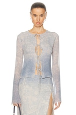 Jade Cropper Long Sleeve Tie Top in Wilted Flowers Blue & Beige, view 1, click to view large image.