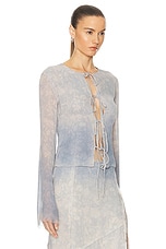 Jade Cropper Long Sleeve Tie Top in Wilted Flowers Blue & Beige, view 2, click to view large image.