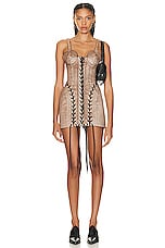 Jean Paul Gaultier X KNWLS Conical Laced Branded Patch Sleeveless Dress in Brown & Ecru, view 1, click to view large image.