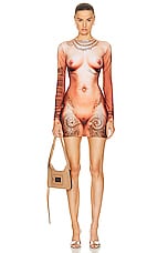 Jean Paul Gaultier Printed Corps Long Sleeve High Neck Short Dress in Light Nude, view 1, click to view large image.