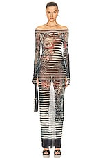 Jean Paul Gaultier Printed Mariniere Tattoo Long Boat Neck Dress in Navy, Blue, & White, view 1, click to view large image.