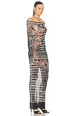 Jean Paul Gaultier Printed Mariniere Tattoo Long Boat Neck Dress in Navy, Blue, & White, view 2, click to view large image.