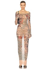 Jean Paul Gaultier Printed Mariniere Tattoo Long Boat Neck Dress in Nude, Blue, & Red, view 1, click to view large image.