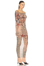 Jean Paul Gaultier Printed Mariniere Tattoo Long Boat Neck Dress in Nude, Blue, & Red, view 2, click to view large image.