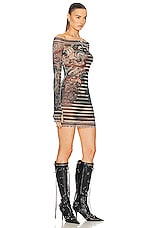 Jean Paul Gaultier Printed Mariniere Tattoo Short Boat Neck Dress in Navy, Blue, & White, view 2, click to view large image.