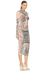 Jean Paul Gaultier Printed Soleil Long Sleeve High Neck Dress in Nude, Blue, & Red, view 2, click to view large image.