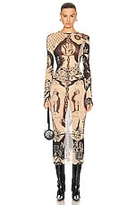 Jean Paul Gaultier Printed Heraldique Long Sleeve Crew Neck Dress in Nude & Navy, view 1, click to view large image.