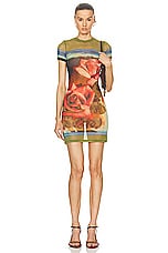 Jean Paul Gaultier Roses Mesh Short Sleeve Dress in Green, Red & Blue, view 1, click to view large image.