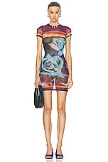 Jean Paul Gaultier Roses Mesh Short Sleeve Dress in Purple, Blue, & Pale Pink, view 1, click to view large image.