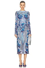 Jean Paul Gaultier Flower Body Morphing Long Sleeve Dress in White, Navy, & Aqua, view 1, click to view large image.