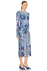 Jean Paul Gaultier Flower Body Morphing Long Sleeve Dress in White, Navy, & Aqua, view 2, click to view large image.