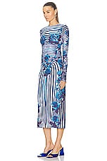 Jean Paul Gaultier Flower Body Morphing Long Sleeve Dress in White, Navy, & Aqua, view 3, click to view large image.
