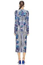 Jean Paul Gaultier Flower Body Morphing Long Sleeve Dress in White, Navy, & Aqua, view 4, click to view large image.