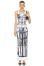 Jean Paul Gaultier Cage Trompe L'oeil Sleeveless Long Dress in White & Black, view 1, click to view large image.