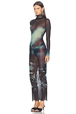 Jean Paul Gaultier Pigalle Turtleneck Mesh Long Printed Dress in Navy, Light Blue, White, & Black, view 3, click to view large image.