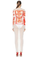 Jean Paul Gaultier Eyes And Lips Mesh Long Printed Dress in White, Red, & Light Orange, view 3, click to view large image.
