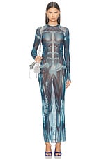 Jean Paul Gaultier Ecorche Mesh Long Printed Dress in Blue, Light Blue, & White, view 1, click to view large image.