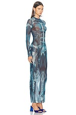 Jean Paul Gaultier Ecorche Mesh Long Printed Dress in Blue, Light Blue, & White, view 2, click to view large image.