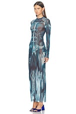 Jean Paul Gaultier Ecorche Mesh Long Printed Dress in Blue, Light Blue, & White, view 3, click to view large image.