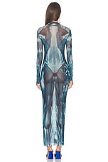 Jean Paul Gaultier Ecorche Mesh Long Printed Dress in Blue, Light Blue, & White, view 4, click to view large image.