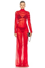 Jean Paul Gaultier Gaultier &amp; Mariniere Turtleneck Draped Mesh Dress in Red, view 1, click to view large image.