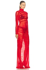 Jean Paul Gaultier Gaultier &amp; Mariniere Turtleneck Draped Mesh Dress in Red, view 2, click to view large image.