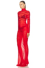 Jean Paul Gaultier Gaultier &amp; Mariniere Turtleneck Draped Mesh Dress in Red, view 3, click to view large image.