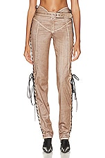 Jean Paul Gaultier X KNWLS Branded Patch Low Waist Laced Straight Trouser in Brown & Ecru, view 2, click to view large image.