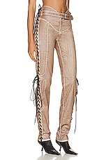 Jean Paul Gaultier X KNWLS Branded Patch Low Waist Laced Straight Trouser in Brown & Ecru, view 3, click to view large image.