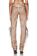 Jean Paul Gaultier X KNWLS Branded Patch Low Waist Laced Straight Trouser in Brown & Ecru, view 4, click to view large image.