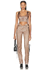 Jean Paul Gaultier X KNWLS Branded Patch Low Waist Laced Straight Trouser in Brown & Ecru, view 5, click to view large image.