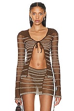 Jean Paul Gaultier X KNWLS Mariniere Pointelle Long Sleeve Cardigan in Brown & Ecru, view 1, click to view large image.