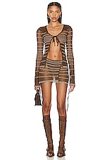Jean Paul Gaultier X KNWLS Mariniere Pointelle Long Sleeve Cardigan in Brown & Ecru, view 4, click to view large image.