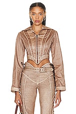 Jean Paul Gaultier X KNWLS Branded Patch Laced Jacket in Brown & Ecru, view 1, click to view large image.