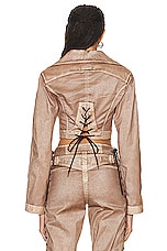 Jean Paul Gaultier X KNWLS Branded Patch Laced Jacket in Brown & Ecru, view 3, click to view large image.