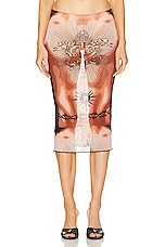 Jean Paul Gaultier Printed Safe Sex Tattoo Low Waist Midi Skirt in Nude, Brown, & Black, view 1, click to view large image.