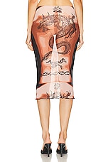 Jean Paul Gaultier Printed Safe Sex Tattoo Low Waist Midi Skirt in Nude, Brown, & Black, view 3, click to view large image.