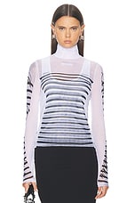 Jean Paul Gaultier Feathers Mariniere Printed Mesh Long Sleeve Top in White, Navy, & Black, view 1, click to view large image.