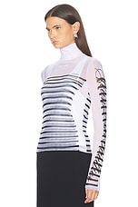Jean Paul Gaultier Feathers Mariniere Printed Mesh Long Sleeve Top in White, Navy, & Black, view 3, click to view large image.