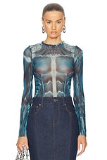 Jean Paul Gaultier Ecorche Mesh Printed Long Sleeve Top in Blue, Light Blue, & White, view 1, click to view large image.