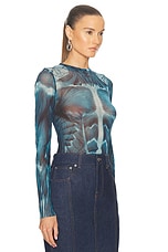 Jean Paul Gaultier Ecorche Mesh Printed Long Sleeve Top in Blue, Light Blue, & White, view 2, click to view large image.
