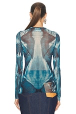 Jean Paul Gaultier Ecorche Mesh Printed Long Sleeve Top in Blue, Light Blue, & White, view 3, click to view large image.