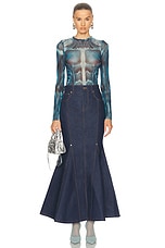 Jean Paul Gaultier Ecorche Mesh Printed Long Sleeve Top in Blue, Light Blue, & White, view 4, click to view large image.