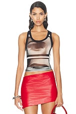 Jean Paul Gaultier Eyes And Lips Mesh Printed Tank Top in White, Red, & Light Orange, view 1, click to view large image.