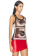 Jean Paul Gaultier Eyes And Lips Mesh Printed Tank Top in White, Red, & Light Orange, view 2, click to view large image.